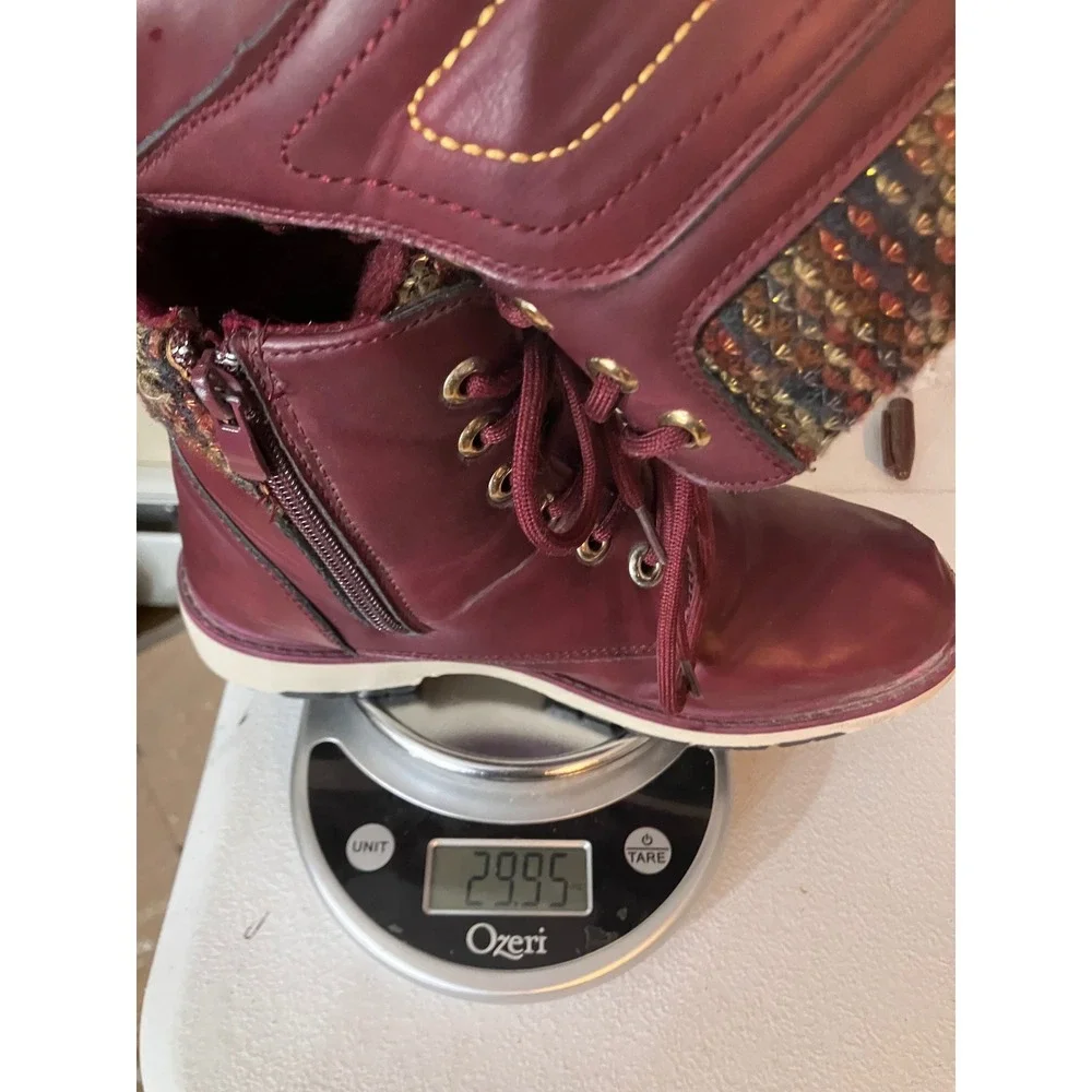 Forever Burgundy Faux Leather Lace Up Winter Boots Women's Size 38 Zip Knit Cuff